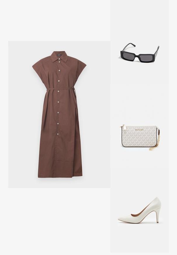 Hnedé šaty na gombíky s golierom, krátkymi rukávmi, opaskom v páse a dlhým, splývavým dizajnom. Hladká bavlnená tkanina.; Biele lakované vysoké podpätky s špicatou špičkou a hladkým povrchom, s štíhlým podpätkom a nízkym strihom okolo otvoru.; Čierne slnečné okuliare s obdĺžnikovým rámom, tmavými sklami a hladkým lesklým povrchom. Obsahujú tenké stranice s nenápadným značkovaním po boku.; Michael Kors zápästná taška v béžovej potiahnutej plátenej tkanine s opakujúcim sa vzorom loga MK, zlatým kovania a odnímateľným reťazovým popruhom.