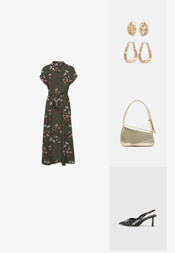 Floral print maxi dress in dark green, featuring short sleeves, a collar, a belted waist, and a flowing silhouette with pink and white accents.; Black patent leather slingback shoe with pointed toe, ankle straps featuring silver buckles and hardware, and a slender heel.; Gold metallic handbag with a structured design, smooth texture, and adjustable strap. Features a unique triangular shape and minimalist stitching.; Gold-tone earrings featuring textured, wavy shapes. Includes sculptural clip-on studs and open hoop design with a hammered finish.