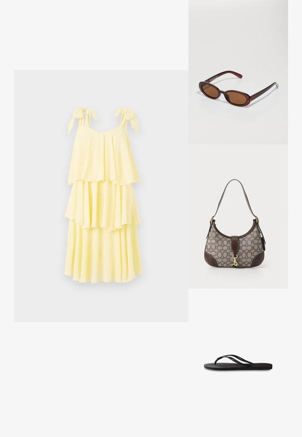 Žlté šaty v tierovom strihu vyrobené z ľahkej tkaniny, s nastaviteľnými viazanými ramienkami a splývavým, vrstveným dizajnom so športovo splývavou textúrou.; Čierne žabky s textúrovanou gumovou podrážkou, dvoma štíhlymi popruhmi a diskrétnym embosovaným logom na popruhu.; Okrúhle slnečné okuliare s hnedým nádychom a lesklým burgundským rámom. Úzke ramená s jemným brandovaním. Plochej šošovky dizajn.; COACH HAMPTONS HOBO BAG IN SIGNATURE JACQUARD - Kabelka - oak maple