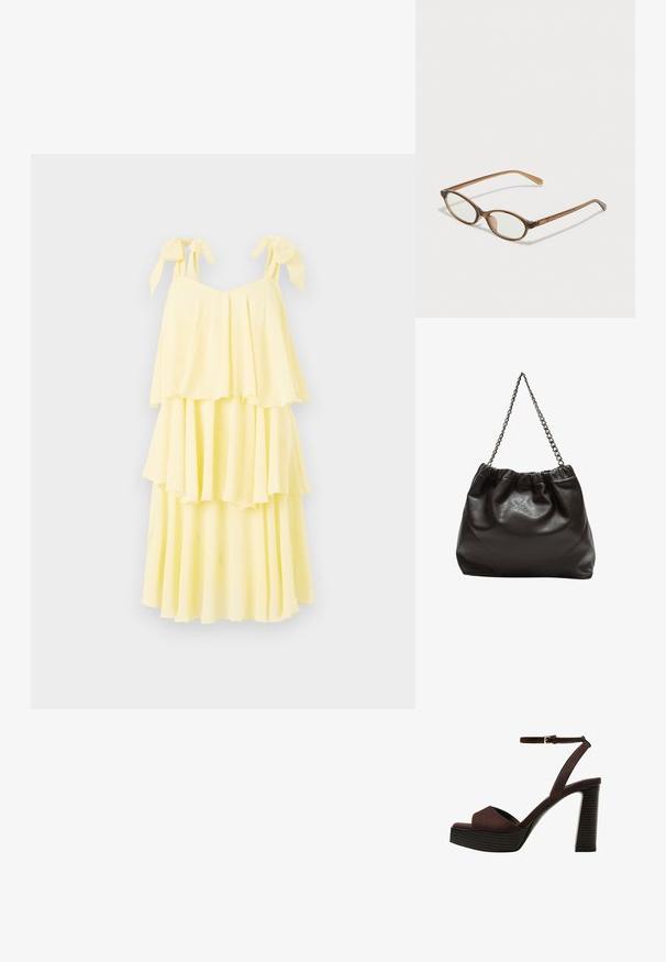 Žuta haljina s višeslojnim dizajnom napravljena od laganog materijala, sa podesivim trakama za vezanje i lepršavim, slojevitim izgledom s mekanom, drapiranom teksturom.; Smeđe zamšaste sandale s visokim potpeticama, otvorenim prstima, podesivom trakicom oko gležnja i prugastom platformom.; Smeđe skupe naočale s ovalnim lećama, tankim drškama i prozirnim akcentima. Ima suptilan logo na sljepoočnici. Elegantan, lagan dizajn.; Smeđa kožna torba s naboranim vrhom i lančićem za nošenje. Glatka tekstura s sjajnim završetkom i suptilnim šavnim detaljima sa strane.