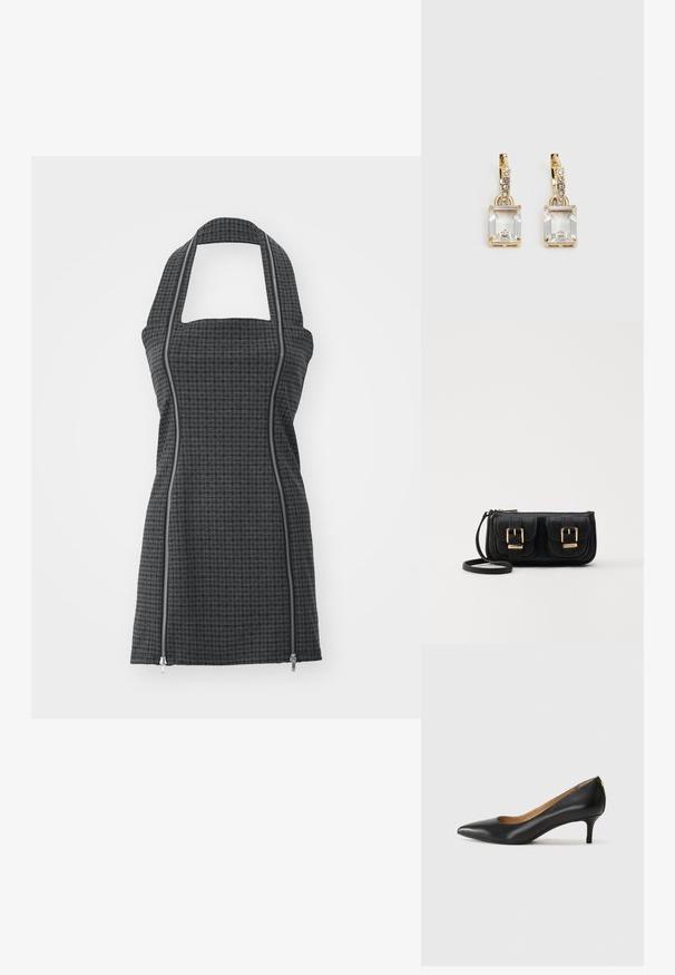 Grembiule a motivi neri e grigi con collo halter, scollatura quadrata, dettagli con zip frontale e forma aderente. Realizzato in tessuto testurizzato.; Décolleté in pelle nera con punta affilata, tacco basso e texture liscia. Presenta un leggero apertura sulla parte anteriore e hardware minimale sul retro.; Borsa a tracolla nera in pelle con due tasche frontali, fibbie dorate, chiusura con zip e una tracolla sottile. Superficie texturizzata e forma rettangolare compatta.; Orecchini in tonalità dorata con un cristallo trasparente rettangolare sospeso sotto una fila di piccoli accenti trasparenti rotondi. Design elegante e moderno.