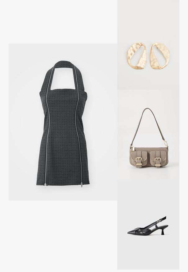 Zástera s čierno-sivým vzorom, s halter krkom, štvorcovým výstrihom, prednými zipsami a priliehavým strihom. Vyrobená z textúrovanej látky.; Čierne kožené slingback topánky s špicatou špičkou, ozdobnými popruhmi s kovovými očkami a nízkym blokovým podpätkom. Textúrovaný povrch.; Bežová taška s textúrou a nastaviteľným popruhom, dve predné vrecká zabezpečené prackami a zlaté kovové prvky. Zips na vrchu.; Pár nepravidelných oválnych zlatistých kovových náušníc s textúrovaným, mierne rozbitým povrchom na bielom pozadí.