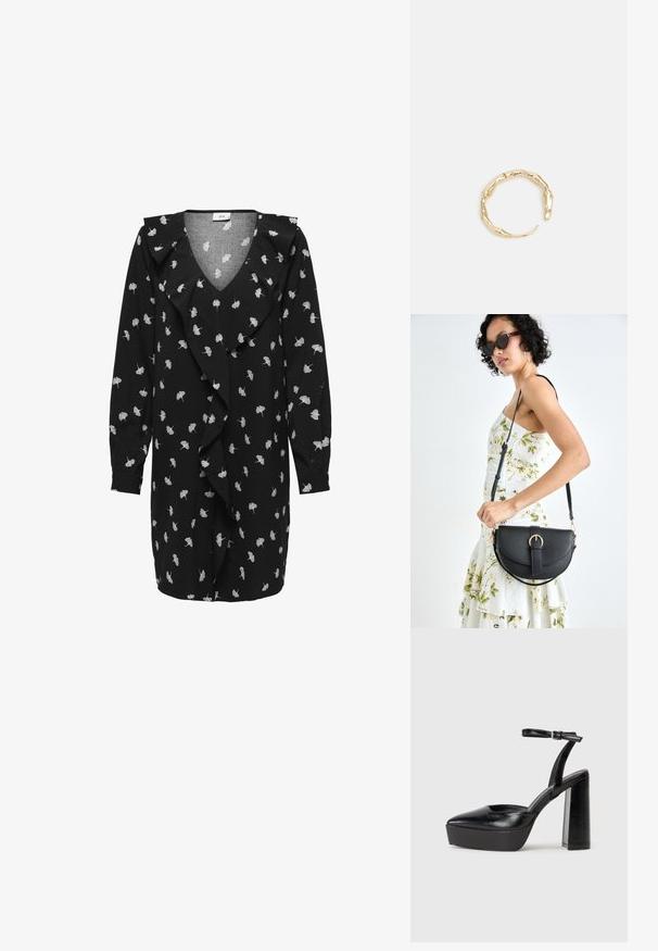 Juoda suknelė su V formos iškirpte, ilgomis rankovėmis ir voliotomis detalėmis priekyje. Yra balta lapų raštas visame paviršiuje ir minkšta, tekstūruota medžiaga.; Juodi platforminiai aukšti kulniukai su smailiu kojų pirštu ir reguliuojamu kulkšnies dirželiu. Pagaminti iš lygaus odos, turi masyvų blokinį kulną.; Juodas odinis krepšys su išlenkta forma, nuimamu dirželiu ir auksiniais detalėmis. Krepšys turi kilpą su sagtimi.; Auksinės spalvos žiedas, turintis organišką, sukimosi dizainą su lygiu paviršiumi ir siaurėjančiais galais, sukuriantis modernią skulptūrinę išvaizdą.