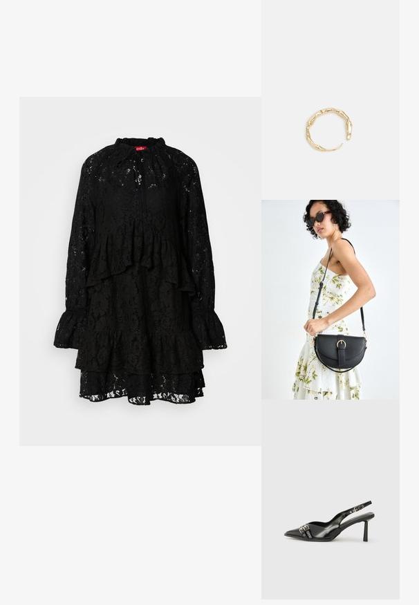 Črna čipkasta obleka z dolgimi rokavi, nabranimi plastmi, visokim ovratnikom s trakovi in teksturiranim cvetličnim vzorcem po celotni obleki.; Črne patentne usnjene sandale s koničastim nosom, zankami okoli gležnja s srebrnimi sponkami in opremo ter vitkimi petami.; Črna usnjena torbica s ukrivljeno obliko, z odstranljivo naramnico in zlatimi dodatki. Torbica ima pokrov s podrobnostmi v obliki zaponke.; Zlati prstan s organskim, zvitim dizajnom, gladko površino in taperiranimi konci, ki ustvarja modernega, skulpturalnega videza.