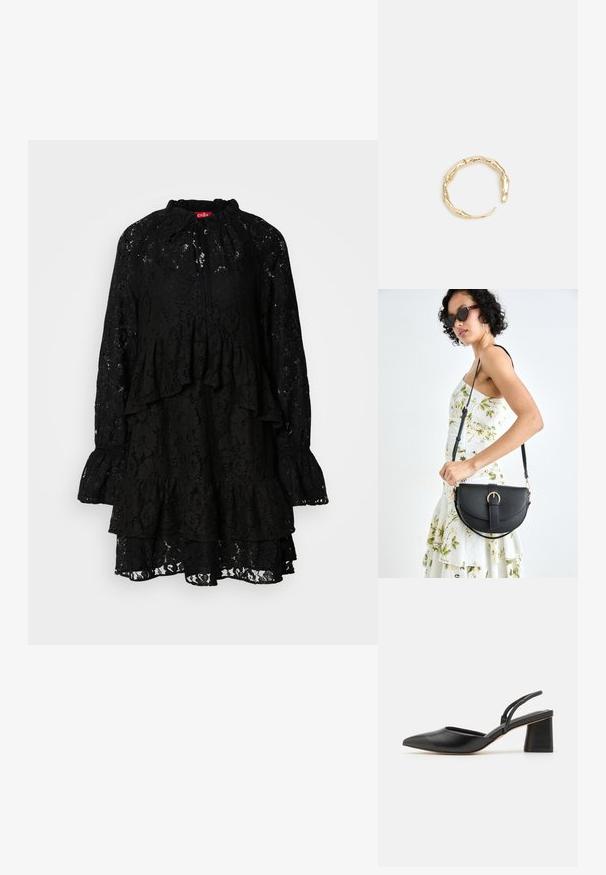 Must mustrikk dress, millel on pikad varrukad, lainelised kihid, kõrge krae sidemetega ja tekstureeritud lillemuster kogu ulatuses.; Musthave musta teravikutega slingback king, valmistatud siledast nahast, madala plokk-kandiga ja peene rihmaga taga, mis tagab kindla sobivuse.; Mustmust mustraha kõverate joontega, eemaldatava rihmaga ja kuldsete detailidega. Kotil on klapp, millel on pandladetail.; Kuldtoonis sõrmus, millel on orgaaniline, keerdunud disain sileda tekstuuri ja kitsenevate otstega, luues kaasaegse skulptuurilise välimuse.