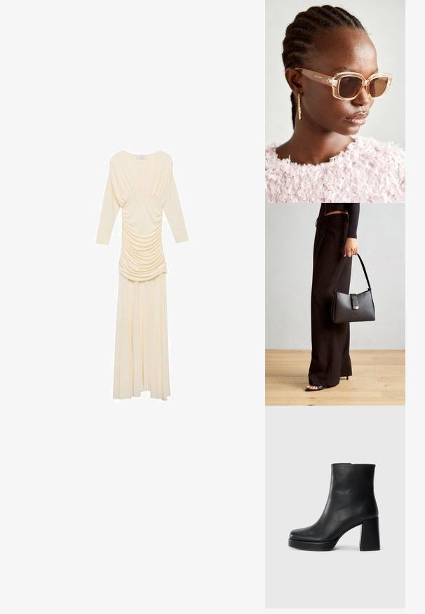 Dolga slonokoščena obleka z dolgimi rokavi, ki ima okoli telesa drapirano tkanino, tekočo krilo in gladko teksturo.; Črne usnjene gležnjarje z blok peto in platformo, prikazane s strani na enobarvni beli podlagi.; Bežna oversized sončna očala s prozornim okvirjem in rjavimi lečami, ki imajo subtilne cvetlične poudarke in drzen, geometrijski dizajn.; Črna torbica z strukturirano obliko, gladko teksturo in kovinskim zaponko. Ujemajo se z širokimi črnimi hlačami in odprtimi sandali na lesenem tleh.