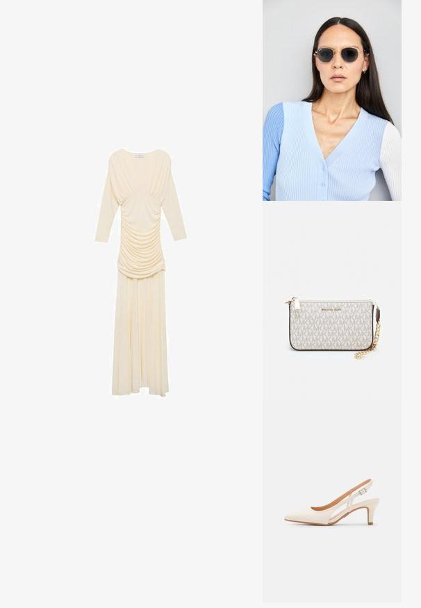 Langes elfenbeinfarbenes Kleid mit langen Ärmeln, das mit drapiertem Stoff um den Oberkörper, einem fließenden Rock und einer glatten Textur ausgestattet ist.; Weiße Slingback-Absätze mit spitzer Zehenpartie, glattem Obermaterial, niedrigem Blockabsatz und seitlichem Ausschnitt-Design mit verstellbarem Schnallenriemen.; Runde Sonnenbrillen mit dunklen Gläsern und goldenen Rahmen. Das Modell trägt eine hellblaue, gerippte Strickjacke mit Knöpfen und weißen Kontrastärmeln.; Michael Kors Clutch in beige beschichtetem Canvas mit einem wiederholten MK-Logo-Muster, goldfarbener hardware und einem abnehmbaren Kettenriemen.