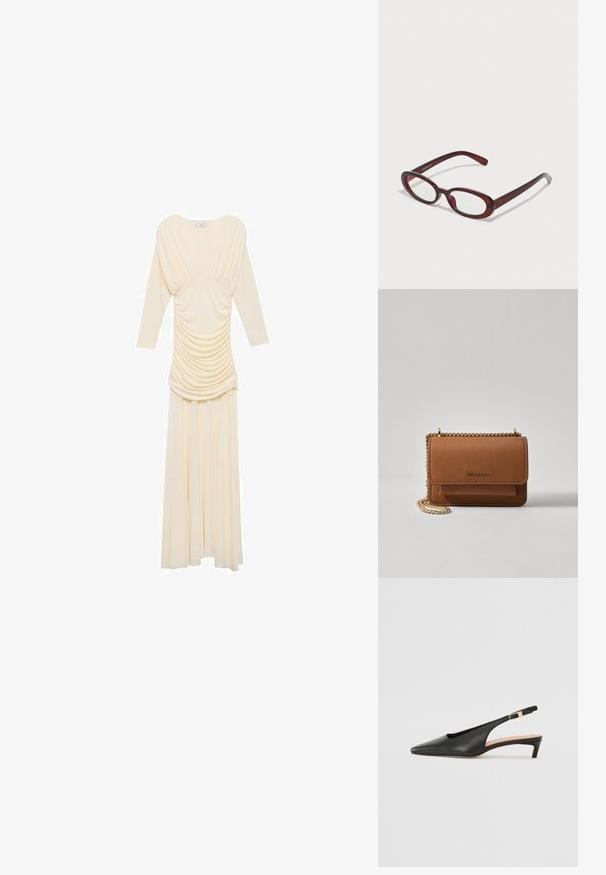 Rochie lungă de fildeș cu mâneci lungi, având stofă drapată în jurul corsetului, o fustă fluidă și o textură netedă.; Cizme din piele neagră cu toc slingback, cu vârf ascuțit, toc jos și curea reglabilă pentru glezna, dotată cu un cataramă de ton auriu. Textură netedă.; Ochelari de soare roșii, în formă ovală, cu lentile transparente și rame elegante de culoare maro. Designul prezintă curbe subtile și minim de accesorii.; Geantă crossbody din piele texturată maro, cu curea din lanț aurit și închidere cu clapetă. Partea din față prezintă detalii cu logo și o buzunar sub clapetă.