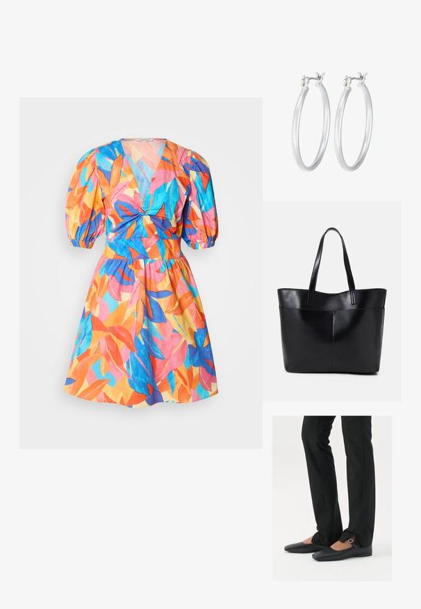 Colorful short dress with a deep v-neck, puff sleeves, and a fitted waist. Features a tropical leaf pattern in pink, orange, blue, and green.; Black leather ballet flats with a pointed toe, strap with silver buckle, paired with black tailored pants featuring a slit hem.; Black leather tote bag with two long handles, a smooth texture, and a structured shape. Features a front pocket for additional storage.; Silver hoop earrings with a smooth, polished finish. Round shape and secure click-top closure. Lightweight design suitable for everyday wear.