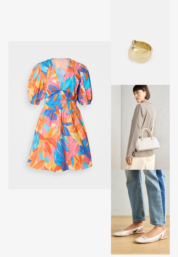 Kleurrijke korte jurk met een diepe v-hals, pofmouwen en een getailleerde taille. Heeft een tropisch bladdessin in roze, oranje, blauw en groen.; Zachtroze slingback ballerina's met een spitse neus, gemaakt van een glad leerachtig materiaal. Bevat uitsnijdingen aan de zijkanten en heeft een platte hak.; Witte gestructureerde handtas met korte handvatten en een schouderband, voorzien van gouden hardwareaccenten en een textuurmateriaal, tentoongesteld tegen een grijze achtergrond.; Gouden ring met een glad, gedraaid ontwerp. Heeft een gepolijste oppervlakte en rondingen, wat een naadloze, vloeiende vorm creëert.