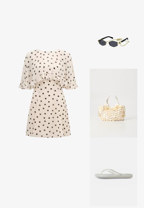 Crème jurk met zwarte stippen, voorzien van een gerimpelde overlay op de borst en korte, zwierige mouwen met frilldetails.; Witte flip-flops met een gestructureerde zool, featuring dunne bandjes en een vlak ontwerp. Gemaakt van rubber met een subtiel logo op de voetbed.; Octagonale zonnebril met donkere lenzen, gouden metalen accenten en zwarte plastic armen; inclusief een afneembare gouden ketting.; Witte handtas met getextureerde, geschubde schelpachtige versieringen. Beschikt over een geweven handvat en een zilveren kettingriem voor veelzijdigheid.