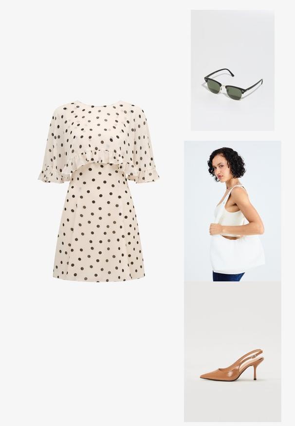 Krém színű ruha fekete pöttyökkel, ami fodros mellrésszel és rövid, lebegő ujjakon lévő fodros részletekkel rendelkezik.; Fingerszűk, hegyes orrú, háttámlás sarokcipő sima, fényes barnás anyagból. Íves kivágású dizájn és karcsú stiletto sarkú. Ezüst csattal ellátva.; Fekete és arany napszemüveg zöld lencsékkel, macska szem formával, fémes díszítésekkel és textúrázott kerettel.; Fehér válltáska sima anyagból, ovális kivágással és széles pánttal. Egyszerű és modern, látható hardver nélkül.