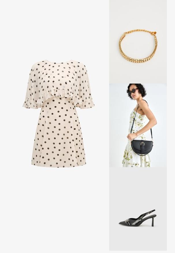 Kreemvalge kleit mustade täppidega, millel on ruffled ülekaal rinna peal ja lühikesed, voolavad varrukad ruffle detailidega.; Must musta nahk kingad sanga ja terava ninaga, ankle strapidega, millel on hõbedased pandlad ja riistvara ning õhuke konts.; Mustmust mustraha kõverate joontega, eemaldatava rihmaga ja kuldsete detailidega. Kotil on klapp, millel on pandladetail.; Kuldtooni metallist kaelakee, millel on ruudukujulised lingid ja keerdkäik. Omab turvalist kinnitust ja sujuvat, läikivat viimistlust.