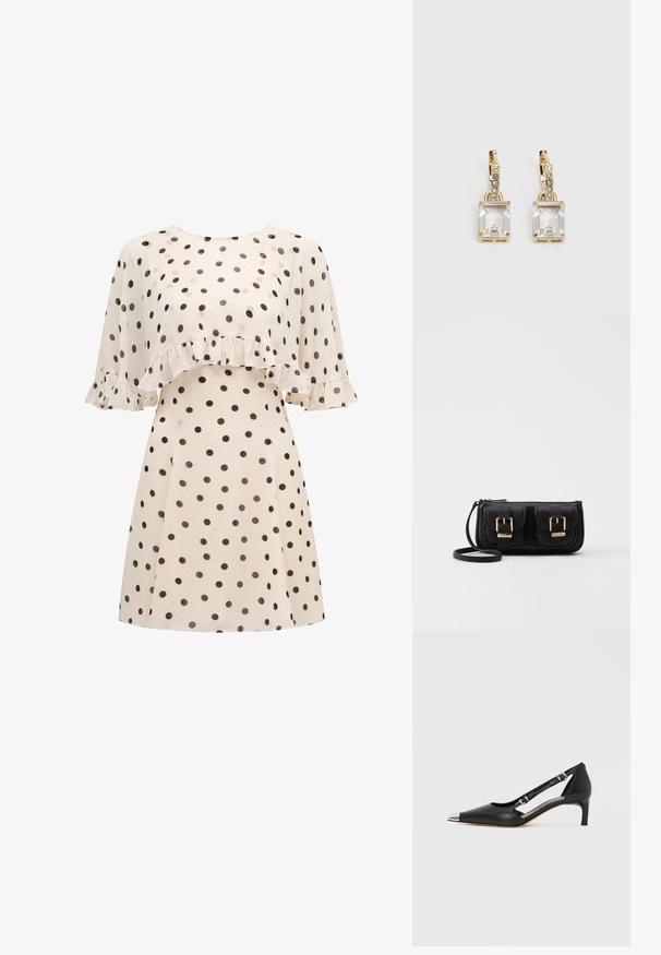 Cream dress with black polka dots, featuring a ruffled overlay on the chest and short, flowy sleeves with ruffle details.; Black leather kitten heel with pointed silver toe cap and dual buckle straps on a white background.; Black leather crossbody bag with two front pockets, gold buckles, zipper closure, and a slim strap. Textured surface and compact rectangular shape.; Gold-tone earrings featuring a rectangular, clear crystal dangling below a row of small, round clear accents. Sleek, modern design.