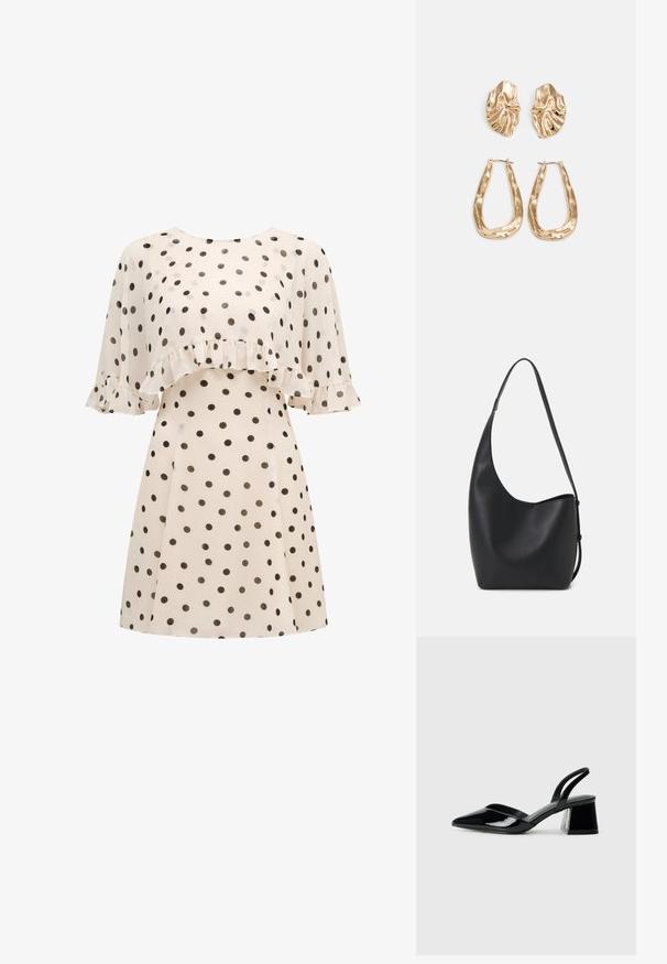 Kremfarget kjole med svarte prikker, med en rynket overdel på brystet og korte, flytende ermer med rynkedetaljer.; Svarte patentlær slingback hæler med spiss tå og geometrisk blokk hæl. Har et stilrent, minimalistisk design og jevn tekstur.; Svart lær hobo-veske med glatt tekstur, buet form og enkelt justerbart stropp; har en bred åpning på toppen.; Gullfargede øredobber med teksturerte, bølgete former. Inkluderer skulpturelle klipsstuds og åpen hoop-design med en hamret finish.