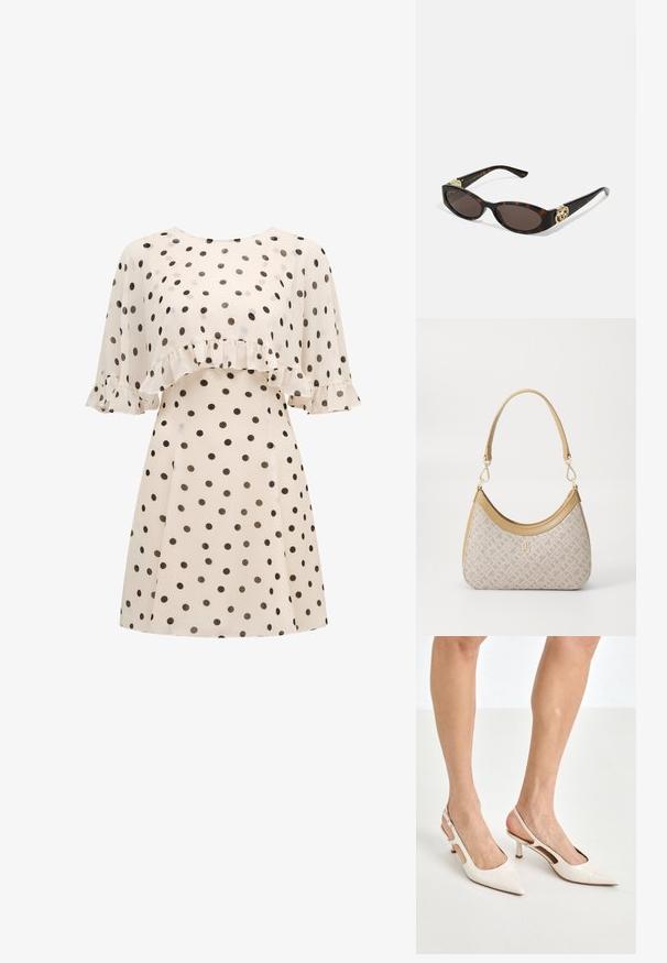 Vestido crema con lunares negros, que presenta un superpuesto volantes en el pecho y mangas cortas y fluidas con detalles de volantes.; Tacones slingback de charol beige con punta afilada y un tacón de 5 cm, con lados recortados y una delgada correa en el tobillo.; Gafas de sol carey con lentes ovalados alargados, tintado marrón, acentos de logo dorado en las patillas y brazos negros elegantes.; Bolso de mano beige con un patrón y forma curva, acentos de cuero y un logo tono dorado en la parte frontal. Cuenta con un asa corta para un fácil transporte.; Collar de perlas y cristales con un diseño redondo y abalorado en tonos suaves, que presenta perlas alternadas y acentos brillantes, llevado alrededor del cuello.