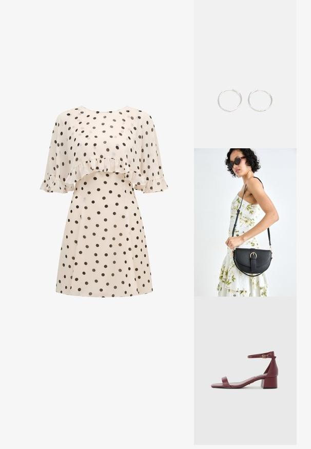 Grietos suknelė su juodais taškeliais, pasižyminti raukiniais ant krūtinės ir trumpomis, lengvomis rankovėmis su raukiniais.; Burgundi odinė šlepetė su kvadratiniu pirštu, plona kulkšnies juosta, auksiniais akcentais ir stambiu blokiniu kulnu. Lygus paviršius ir minimalistinis dizainas.; Juodas odinis krepšys su išlenkta forma, nuimamu dirželiu ir auksiniais detalėmis. Krepšys turi kilpą su sagtimi.; Sidabrinės auskarai žiedai su sėslia, apvalia forma, pasižymintys lygia paviršiumi ir be matomų puošmenų. Svoris nenurodytas.