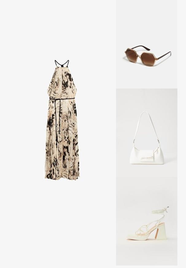 Mango Vestito casual - off-white; Sandalo bianco con tacco alto, caratterizzato da un design a cinturini e un legaccio alla caviglia. Texture liscia con una piattaforma frontale per un'altezza aggiuntiva.; Occhiali da sole esagonali con lenti a gradiente marroni, montatura trasparente beige e aste marroni scure. Presentano il marchio "vogue" sul lato.; Borsa sintetica bianca a forma triangolare, con patta anteriore piatta e dettaglio a fiocco, tracolla regolabile, texture liscia e design minimalista.
