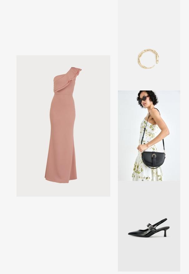 Viena petneša rožinė suknelė, pagaminta iš glotnaus audinio, turi volangus aplink iškirpę, prigludusi siluetas ir ilga, plaukianti sijonas.; Juodai lakuoti slingback aukštakulniai su smailiu kojų pirštu ir mažais blokiniais kulniukais, su sidabro sagtimi ant dirželio.; Juodas odinis krepšys su išlenkta forma, nuimamu dirželiu ir auksiniais detalėmis. Krepšys turi kilpą su sagtimi.; Auksinės spalvos žiedas, turintis organišką, sukimosi dizainą su lygiu paviršiumi ir siaurėjančiais galais, sukuriantis modernią skulptūrinę išvaizdą.