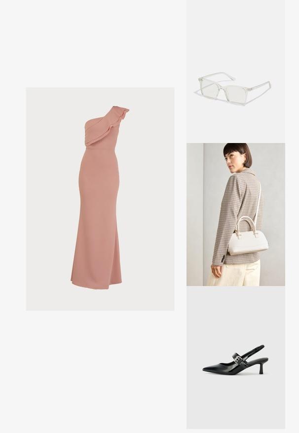 Egy vállra illeszkedő rózsaszín ruha sima anyagból, fodrokkal a dekoltázson, testhezálló sziluettel és hosszú, lágy esésekkel rendelkező szoknyával.; Fekete lakkbőr slingback sarkú cipők hegyes orral és kis blokk talppal, ezüst csat díszítéssel a pánton.; Átlátszó műanyag négyzet alakú szemüveg, áttetsző lencsékkel, arany díszítéssel a szárakon a fokozott részletekért.; Fehér, strukturált kézitáska rövid füllel és vállpánttal, arany színű fém kiegészítőkkel és texturált anyagból, szürke háttér előtt bemutatva.
