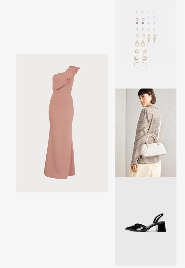 Egy vállra illeszkedő rózsaszín ruha sima anyagból, fodrokkal a dekoltázson, testhezálló sziluettel és hosszú, lágy esésekkel rendelkező szoknyával.; Fekete lakk bőr szandálkés magas sarkú cipő, hegyes orral és geometrikus tömbsarkakkal. Karcsú, minimalista dizájn és sima textúra jellemzi.; Fehér, strukturált kézitáska rövid füllel és vállpánttal, arany színű fém kiegészítőkkel és texturált anyagból, szürke háttér előtt bemutatva.; Arany tónusú fülbevalók szettje, amely különféle mintákat tartalmaz, beleértve a stift fülbevalókat, karikákat és gyöngyökkel és strasszokkal díszített hosszú fülbevalókat.