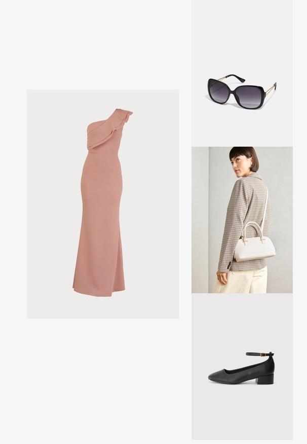 Rúžové šaty na jedno rameno vyrobené z hladkej tkaniny, s volánmi pozdĺž výstrihu, priliehavým strihom a dlhou, splývavou sukňou.; Čierne kožené lodičky s špicatou špičkou a nízkym blokovým podpätkom. Obsahuje remienok okolo členka so zlatým prackou. Hladký povrch.; Čierne oversized slnečné okuliare s gradientovými sklíčkami, hrubými rámami a zlatým retiazkovým detailom na stranách.; Biela štruktúrovaná kabelka s krátkymi rúčkami a ramenným popruhom, s zlatými kovovými prvkami a textúrovaným materiálom, vystavená na šedom pozadí.