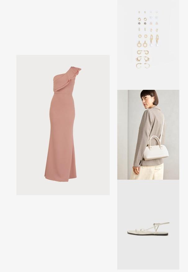Rochie roz cu o singură umăr, confecționată dintr-un material elegant, cu volane de-a lungul decolteului, siluetă ajustată și o fustă lungă, fluidă.; Sandalie plate bej cu multiple bretele subțiri și o cataramă ajustabilă. Talpa este plată, cu un ușor contrast întunecat la margine.; Geantă structurată albă, cu mânere scurte și curea de umăr, având accente din metal aurit și material texturat, expusă pe un fundal gri.; Set de cercei aurii, cu diverse designuri, inclusiv cercei tip stud, cercei hoop și cercei lungi cu perle și strassuri.
