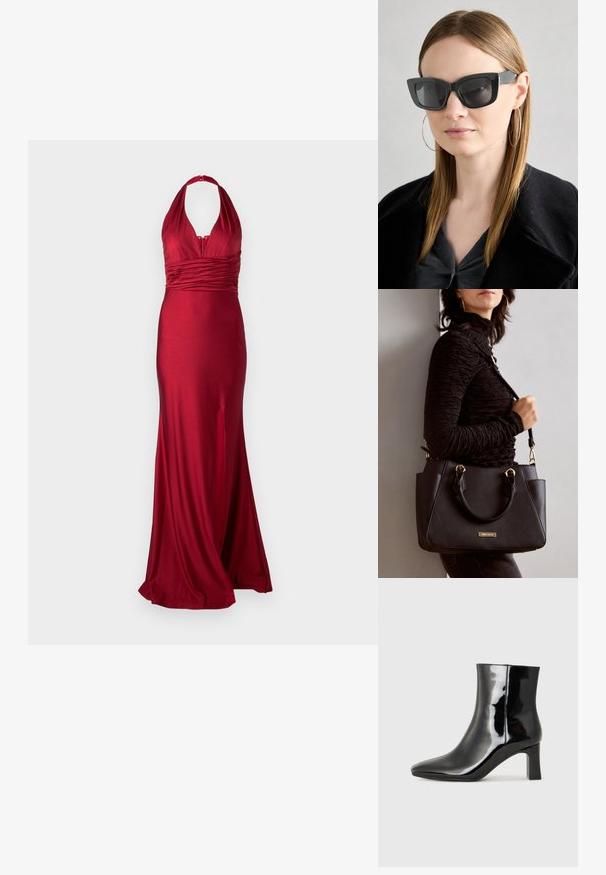 Vestido de noite vermelho em tecido satin, com decote halter, cintura drapeada e uma fenda lateral para maior movimento. Silhueta suave e ajustada.; Botim de tornozelo em pele sintética preta com bico apontado e salto bloco de altura média. Textura suave e design minimalista.; Óculos de sol pretos em formato de gato com lentes escuras, armações grossas e acentos subtis. Usados com um casaco preto e uma blusa cinza, apresentando cabelo longo e liso.; Bolsa preta com superfície texturizada, alças superiores duplas e alça de ombro ajustável. Apresenta ferragens em tom dourado e bolsos laterais.