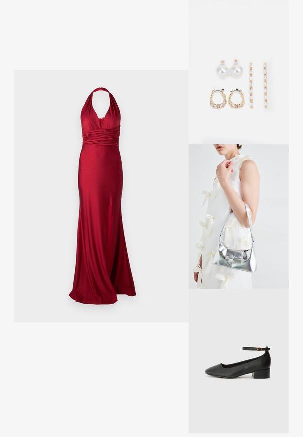 Red evening gown in satin fabric, featuring a halter neck, ruched waist, and a side slit for added movement. Smooth, fitted silhouette.; Black leather pump with a pointed toe and a low block heel. Features an ankle strap with a gold-tone buckle. Smooth texture.; Silver metallic handbag with a structured shape, featuring a top handle and bow detail on the front. Smooth texture, reflective finish.; Three pairs of earrings: large white pearl studs, gold hoops with clear gemstones, and two long, straight gold accent earrings with sparkly details.