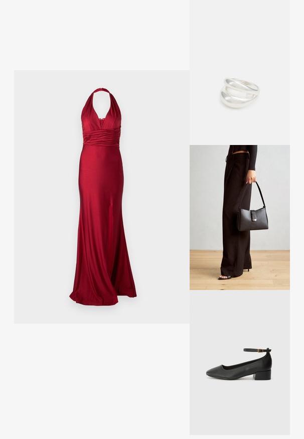 Sarkans vakara kleita no satīna auduma ar halter dekoltē, rukšotām jostas daļām un sānu izgriezumu, kas piešķir papildus kustību. Gluda, pieguloša silueta.; Melnas ādas sūkņi ar smailu purngalu un zemu bloku papēdi. Iezīmēts ar potītes siksniņu ar zelta krāsas sprādzi. Gluda tekstūra.; Melnā somiņa ar strukturētu formu, gludu tekstūru un metālu sprādzi. Saskaņota ar platām melnām biksēm un sandālēm ar atvērtu purngalu uz koka grīdas.; Sudraba divu joslu gredzens ar gludu, pulētu virsmu. Iezīmējas ar plūstošu, izliekta dizaina struktūru ar pārklājošām sekcijām modernam izskatam.
