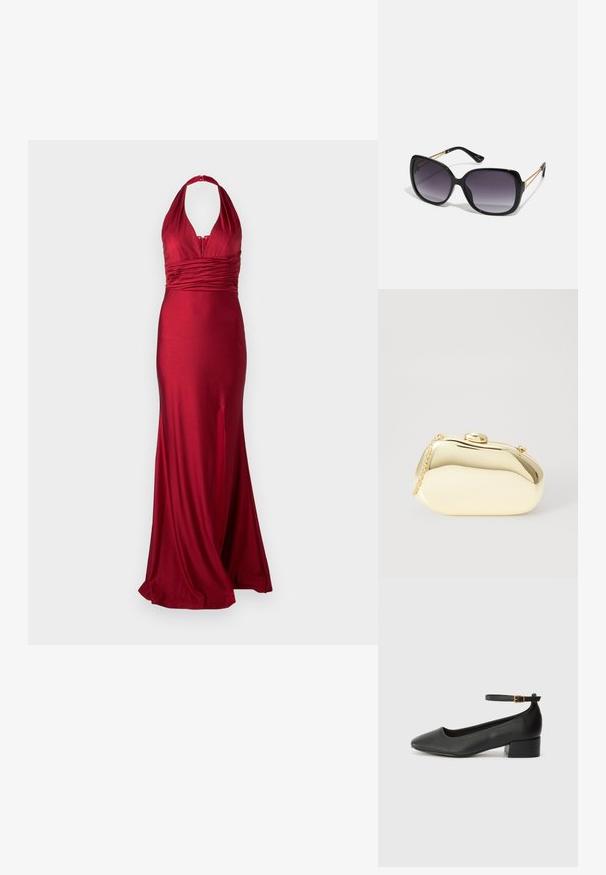 Punane õhtukleit satinist kangast, halter-kaelusega, rüüstatud vöökohaga ja külgsilbil, mis lisab liikumisvabadust. Sujuv, kehasse lõigatud siluett.; Must mustaapp, millel on terav nina ja madal blokk-kand. Omab pahkluu rihma koos kuldse tooni pandlaga. Sile tekstuur.; Mustad ümarad päikeseglaasid, millel on gradient objektiivid, paksud raamid ja kuldse tooni kettaga kaunistused tempelitel.; Kuldne metallist käekott sujuva, ümarate kujude ning ülemise nupuvajutusega kinnitusega. Koti küljes on väike kett, et oleks mugav kanda.