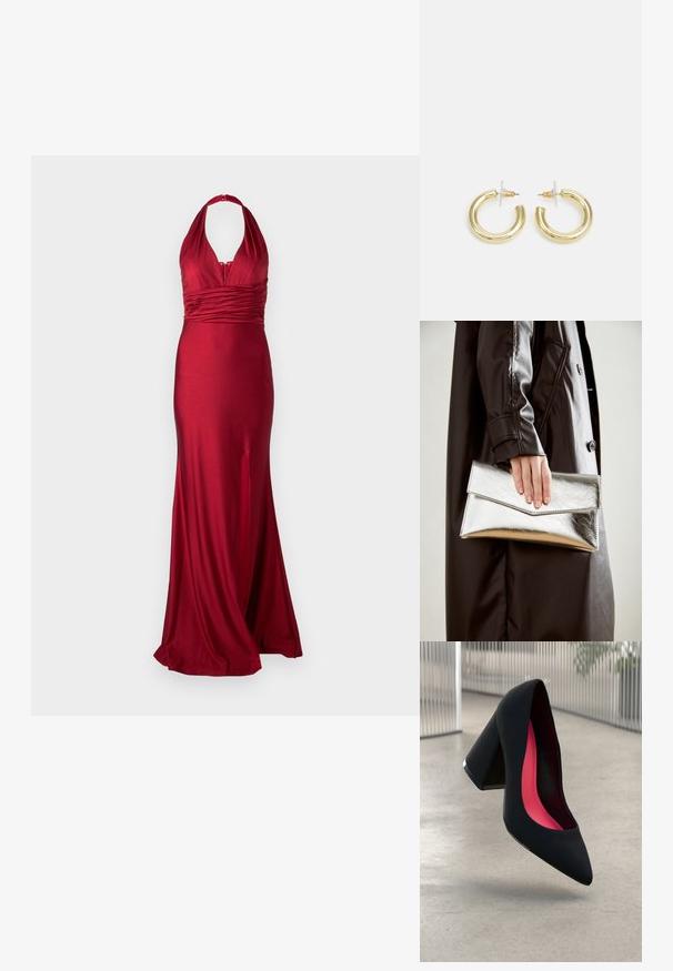 Sarkans vakara kleita no satīna auduma ar halter dekoltē, rukšotām jostas daļām un sānu izgriezumu, kas piešķir papildus kustību. Gluda, pieguloša silueta.; Melna augstpapēžu kurpe ar smailu purngalu un fakturētu augšdaļu. Iekšpusē spilgti rozā oderējums. Kvadrātveida papēdis ar metālisku rotājumu pie pamata.; Sudraba metāla aploksne ar leņķveida dizainu, gludu tekstūru un kontrastējošu iekšējo krāsu, ko tur rokā, kas tērpta melnā mētelī.; Zelta auskari ar gludu, spīdīgu apdari. Apaļš dizains, kas ietver mazu tapu un caurspīdīgu pamatni drošai valkāšanai.