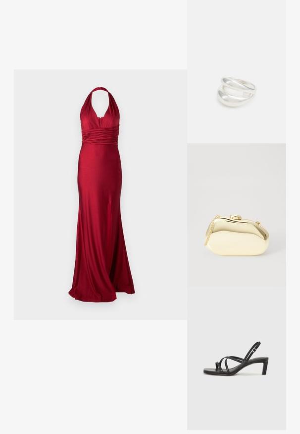 Punane õhtukleit satinist kangast, halter-kaelusega, rüüstatud vöökohaga ja külgsilbil, mis lisab liikumisvabadust. Sujuv, kehasse lõigatud siluett.; Mustast rihmajalatsid ruudukujulise varba ja madala ploki kontsaga. Omab mitmeid õhukesi rihmasid ja reguleeritavat pahkluu rihma. Valmistatud siledast nahast.; Kuldne metallist käekott sujuva, ümarate kujude ning ülemise nupuvajutusega kinnitusega. Koti küljes on väike kett, et oleks mugav kanda.; Hõbedane kahekordne rõngas sujuva, poleeritud pinnaga. Omab voolavat, kõverat disaini, millel on kattuvad sektsioonid, et saavutada kaasaegne ilme.