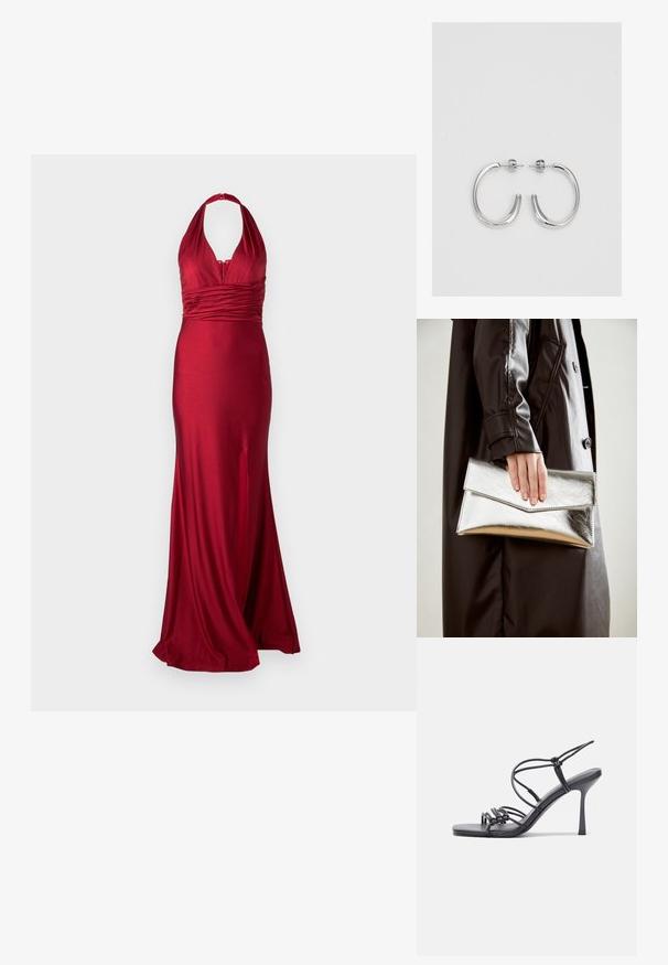 Red evening gown in satin fabric, featuring a halter neck, ruched waist, and a side slit for added movement. Smooth, fitted silhouette.; Black high-heeled sandals feature thin straps with a knotted design, a smooth square toe, and a sleek stiletto heel.; Silver metallic clutch with an angular envelope design, smooth texture, and contrasting interior color, held in a hand wearing a black coat.; Silver hoop earrings with a smooth, shiny surface, featuring a curved shape and post-back closure. Minimalist design with a modern finish.