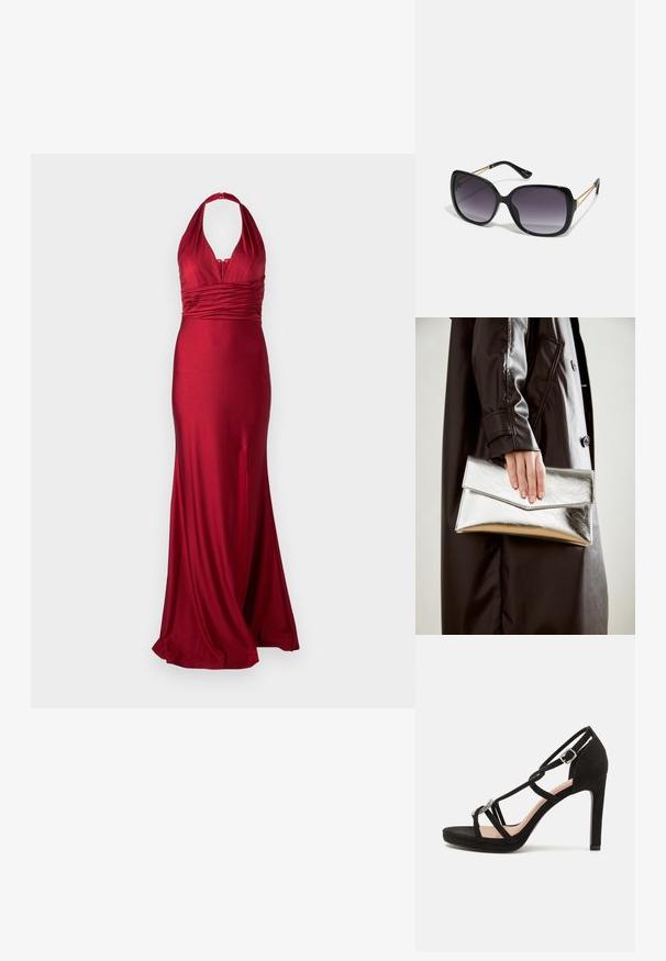 Crvena večernja haljina od satena, s halter izrezom, nabranoj strukom i bočnim prorezom za dodatnu pokretljivost. Glatka, prilagođena silueta.; Crne zamšaste sandale na visokom potpetici s ukrštenim trakama, ukrasnim akcentom u srebrnoj boji i platformom za dodatnu visinu.; Crne prevelike sunčane naočale s gradijentnim lećama, debelim okvirom i zlatnim lancem kao detaljem na krakovima.; Srebrna metalik torbica s kutijastim dizajnom, glatke teksture i kontrastne boje unutrašnjosti, držana u ruci koja nosi crni kaput.