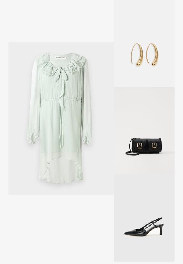 Mėtų žalios spalvos suknelė, pagaminta iš lengvos medžiagos. Yra raukiniai aplink iškirptę, ilgomis rankovėmis su surinktais manšetais ir asimetriniu sijonu.; Juodai lakuoti slingback aukštakulniai su smailiu nosiu, su tekstūruotu gyvatės raštu, reguliuojama juosta ir trumpu, tekstūruotu blokiniu kulnu.; Juodas odinis per petį nešiojamas krepšys su dviem priekiniais kišenėmis, auksiniais sagtimis, užtrauktuko uždarymu ir siauromis petnešomis. Textūruota paviršius ir kompaktiškas stačiakampis formatas.; Auksinės metalinės auskarų kabės su lenktą, pailgą forma. Turi lygų, blizgantį paviršių ir užapvalintą galiuką papildomam akcentui.