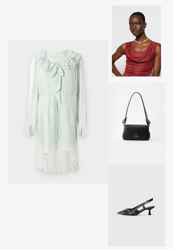 Rochie verde mentă dintr-un material ușor. Prezintă un decolteu volanat, mâneci lungi cu manșete pliate și un design cu margine înaltă-la-jos.; Pantofii slingback din piele neagră, cu vârful ascuțit, curele decorative cu ochiuri din metal și toc bloc mic. Suprafață texturată.; Geantă de mână din piele neagră, cu o suprafață texturată, formă rectangulară, curea ajustabilă și un accent metalic cu logo pe partea din față.; Rochie adâncă, de culoare roșu închis, cu un guler tip cowl și o textură netedă. Dispune de o brățară cu perle, cu un accent decorativ din argint în centru.