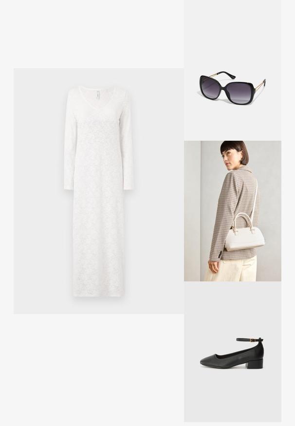 Ilgi balti suknelė su nėriniuotu raštu, V formos dekoltė, laisvas siluetas ir tekstūruotas audinys, siekiantis kulkšnis.; Juodas odinis aukštakulnis batelis su smailiu pirštu ir žemu bloku. Su kulkšnies dirželiu su auksinės spalvos sagtimi. Lygus paviršius.; Juodos didelės saulės akinių su pereinamais objektyvais, storomis rėmeliais ir auksinės spalvos grandinėmis ant šventyklų.; Balta struktūruota rankinė su trumpomis rankenomis ir peties diržu, su auksinėmis detalėmis ir tekstūruota medžiaga, pastatyta prieš pilką foną.
