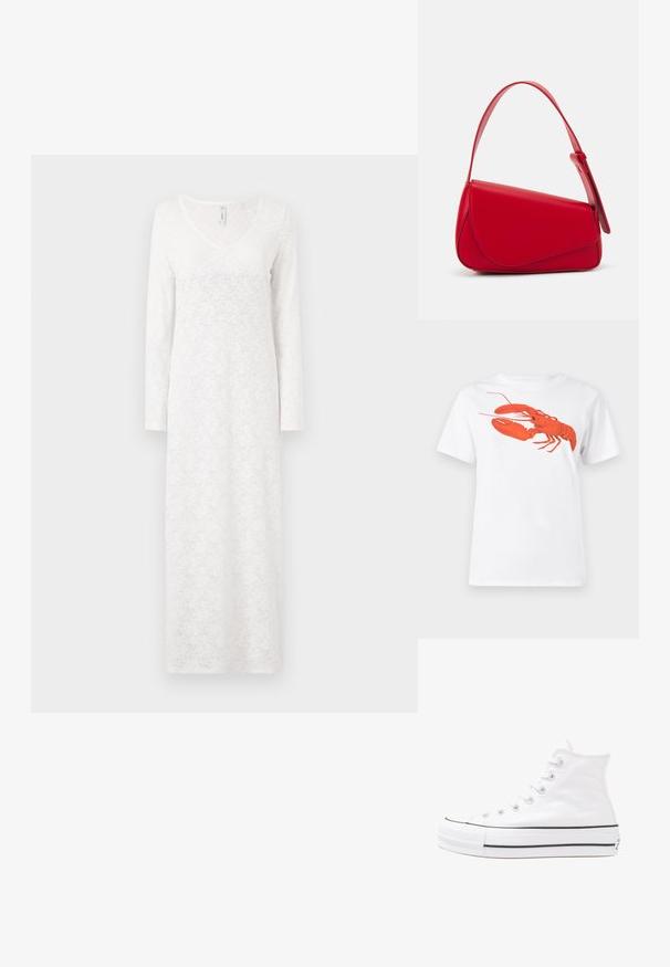 Hosszú ujjú fehér ruha csipke mintával, V-nyakkivágással, lágy vonalvezetéssel és texturált anyaggal, bokáig érő hosszúsággal.; Fehér pamut póló, amelyen elöl egy nagy, élénkpiros homár grafika látható. Rövid ujjú és standard környakú kialakítás.; Fehér magaskorsó vászon sportcipő fekete gumi talppal, elülső gumi orrnyereggel és hat fűzőlyukkal, letisztult, minimalista dizájnnal.; Piros bőr kézitáska szögletes, geometrikus kialakítással. Egy állítható pánttal és varrott részletekkel ellátott fedélzárral rendelkezik.
