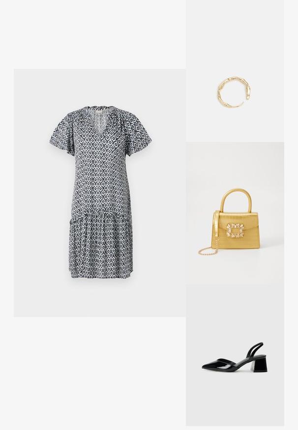 Lühikeste varrukatega sinine ja valge mustriga kleit V-kaelusega, volangääre ja geomeetriliste kujunditega. Kerge kangas, lõdva istuvusega.; Mustad musta lakknahk kingad, millel on terav varvas ja geomeetriline plokkkonts. Omab elegantselt minimalistlikku disaini ja sujuvat tekstuuri.; Kollane faux-krokodilli käsipindaga kott, millel on struktureeritud disain, ülemine käepide, eemaldatav kettmass ja dekoratiivne kristallkaunistus klambril.; Kuldtoonis sõrmus, millel on orgaaniline, keerdunud disain sileda tekstuuri ja kitsenevate otstega, luues kaasaegse skulptuurilise välimuse.