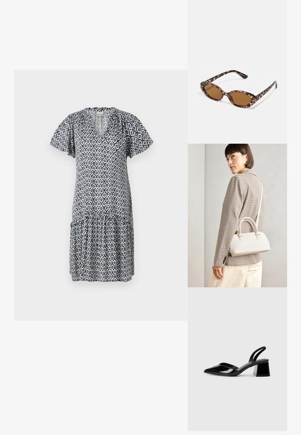 Kratký rukáv modro-bielo vzorované šaty s výstrihom do V, volánovým lemom a geometrickými vzormi. Ľahký materiál, voľný strih.; Čierne lakované kožené sandálové podpätky s špicatou špičkou a geometrickým blokovým podpätkom. Disponujú elegantným, minimalistickým dizajnom a hladkým povrchom.; Tortoise-shell slnečníky s oválnymi sklami, hnedo tónovanými, tenkými stranami so vzorom, ľahký plastový rám.; Biela štruktúrovaná kabelka s krátkymi rúčkami a ramenným popruhom, s zlatými kovovými prvkami a textúrovaným materiálom, vystavená na šedom pozadí.