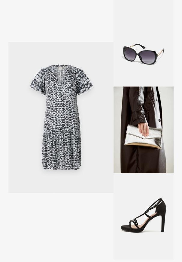 Kratka modra in bela obleka s pozitivnim vzorcem, z V-izrezom, volanastim robom in geometrijskimi oblikami. Lahka tkanina, sproščen kroj.; Črne semiš sandale na visoki peti s križnimi trakovi, okrasnim srebrnim poudarkom in platformo za dodatno višino.; Črne prevelike sončne očala z degradacijskimi lečami, debelimi okvirji in zlatimi verižicami na ročajih.; Srebrna kovinska torbica s angularnim kuvertastim dizajnom, gladko teksturo in kontrastno notranjo barvo, ki jo drži roka v črnem plašču.