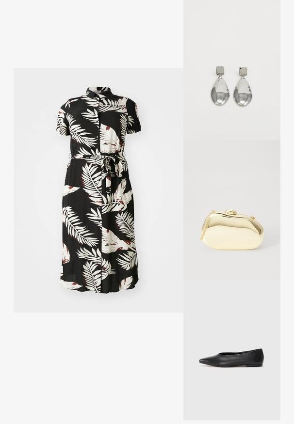 Abito nero con bottoni, caratterizzato da un motivo tropicale di foglie bianche e bordeaux, maniche corte, una cintura annodata in vita e una silhouette fluida.; Ballerine in pelle nera, punta affusolata, design minimalista, texture liscia, tacco basso, senza hardware o decorazioni visibili.; Clutch metallico oro con una forma liscia e arrotondata, dotato di una chiusura a pulsante superiore e una piccola tracolla per il trasporto.; Orecchini a goccia in argento con perno quadrato, caratterizzati da una finitura liscia e lucidata e da una forma a goccia, che riflettono la luce grazie a una superficie lucida.