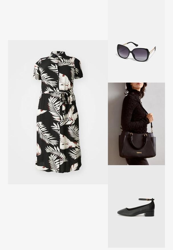 Abito nero con bottoni, caratterizzato da un motivo tropicale di foglie bianche e bordeaux, maniche corte, una cintura annodata in vita e una silhouette fluida.; Pump in pelle nera con punta affusolata e tacco basso a blocco. Presenta una cinghia alla caviglia con una fibbia in tonalità oro. Texture liscia.; Occhiali da sole neri oversize con lenti sfumate, montatura spessa e dettagli in catena dorata sulle astine.; Borsa nera con superficie texturizzata, manici superiori doppi e tracolla regolabile. Dotata di hardware color oro e tasche laterali.