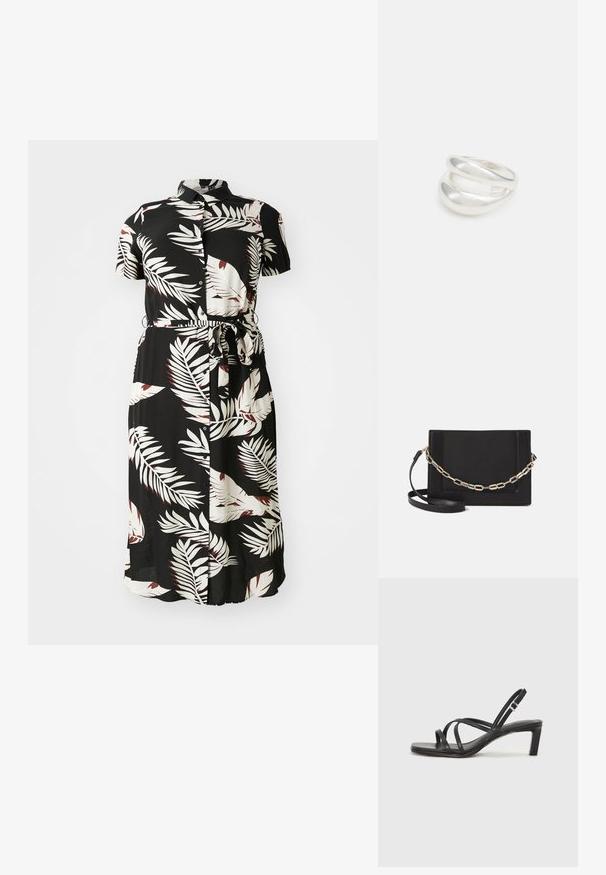 Juodas marškinėlių suknelė su baltu ir burgundišku tropiniu lapų raštu, trumpomis rankovėmis, juosmens diržu ir laisvu siluetu.; Juodi šlepetės su kvadratiniu pirštu ir žemu bloku kulnu. Yra keli ploni dirželiai ir reguliuojamas kulkšnies diržas. Pagaminti iš lygios odos.; Juodas odinis per petį nešiojamas krepšys turi lygų paviršių, stačiakampio formą ir metalinę grandinėlę priekyje. Pridedama reguliuojama dirželis.; Sidabrinis dvigubas žiedas su lygiu, poliruotu paviršiumi. Pasižymi sklandžiu, kreiptu dizainu su persipinančiomis dalimis, suteikiančiomis modernų išvaizdą.