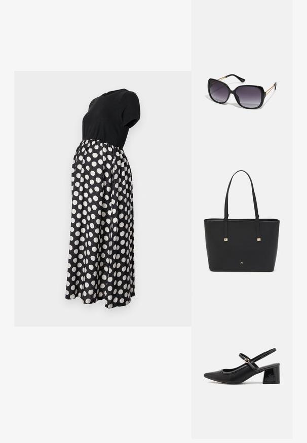 Graviditetskjole med en sort topp med korte ermer og et kne-langt skjørt med prikkete mønster i svart og hvitt stoff.; Sorte lakk lær slingback hæler med spiss tå, et avrundet utskjæringsdesign og blokkheel. Har en gulltone spenne som detalj.; Sorte oversized solbriller med gradient linser, tykke rammer og detaljering med gulltonekjede på tempelarmene.; Svart totebag laget av syntetisk materiale, med et enkelt rektangulært design, gullfargede firkantede detaljer og doble håndtak.