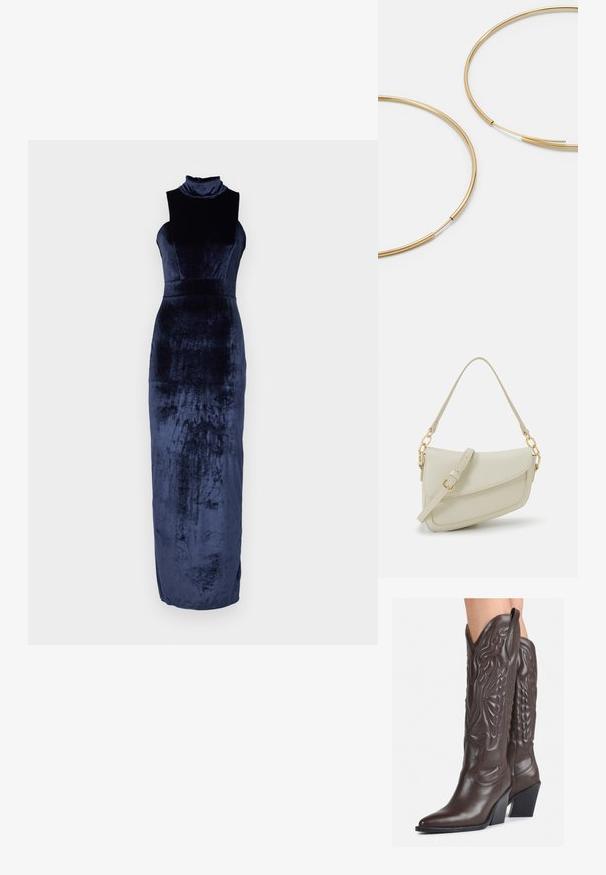 Duga mornarsko plava baršunasta haljina s visokim ovratnikom, bez rukava i oblikovanom siluetom koja se spušta do tla. Glatka tekstura.; Smeđe kožne kauboj čizme s šiljastim vrhom i blok-potpeticom, s detaljno izvezenim šavovima i uzdignutim naglascima na okovu.; Mala krem torbica s teksturiranim finišom, dugačkim podesivim remenom, lančanim detaljem i preklopom. Zlaćani hardver.; Zlatne kružne naušnice, tanke i okrugle, s glatkom metalnom površinom bez ukrasa ili uzoraka.