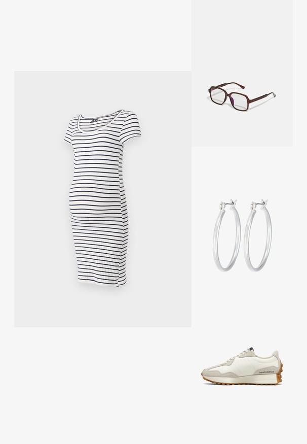 Dryžuota nėščiųjų suknelė su trumpomis rankovėmis, pagaminta iš riboto audinio. Turi prigludusią siluetą ir apvalią iškirptę. Spalvos: balta ir tamsiai mėlyna.; Balti ir smėlio spalvos sportbatų su lygiu odos viršumi ir zomšos detalėmis. Turi apvalias raišteles, minkštą pado įdėklą ir tekstūruotą gumos pado išorinę dalį.; Rudos, stačiakampiai akinių rėmeliai su skaidriais lęšiais ir violetiniais atspalviais. Lygus plastikinis rėmas su tiesiomis šventyklomis ir subtiliais akcentais.; Sidabriniai auskarai su sklandžiu, poliruotu paviršiumi. Apvalios formos ir saugus uždarymo mechanizmas. Lengvas dizainas, tinkantis kasdieniam dėvėjimui.