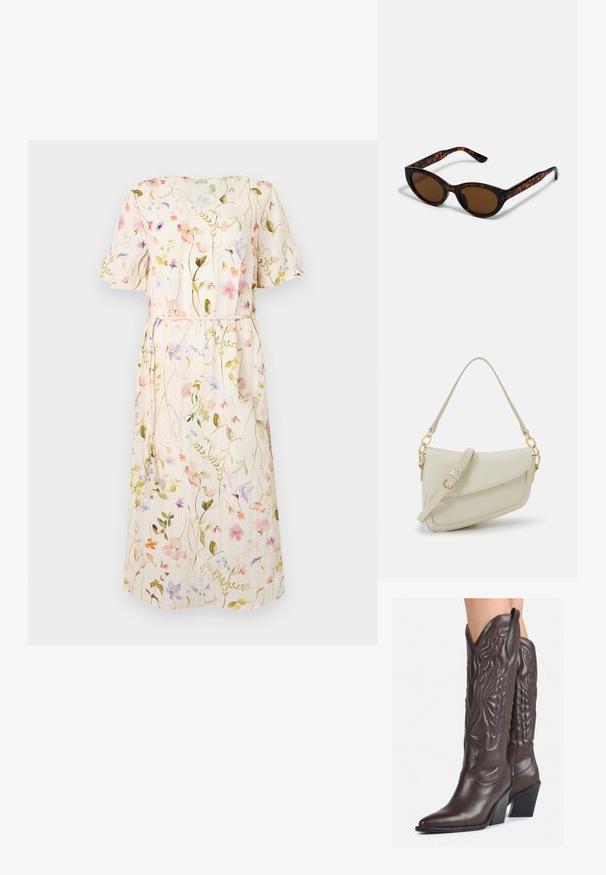 Cvetna obleka s kratkimi rokavi, svetlobežna tkanina z večbarvnimi cvetličnimi motivi, pas za zavezovanje, dolžina do kolen.; Rjave usnjene kavbojske čevlje z ostrim nosom in blok peto, ki vsebujejo podrobno šivanje in dvignjene dodatke na zgornjem delu.; Rjave mačkaste sončne očala s vintage mačjo obliko in rjavimi lečami. Imajo ukrivljene ročke z rdečimi detajli.; Mala kremna torbica z teksturiranim zaključkom, dolgim nastavljivim trakom, verižnim poudarkom in zapiranjem na poklop. Detajli iz zlatega kovinskega materiala.