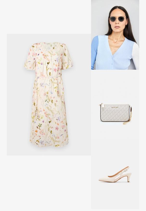 Gėlių suknelė su trumpomis rankovėmis, šviesiai kremuota medžiaga su įvairiaspalvėmis gėlių raštais, juosmens raištis, kelių ilgio dizainas.; Balti slingback kulniukai su smailiu pirštu, lygia viršutine medžiaga, žemu blokuotu kulnu ir šoniniu išpjovimu su reguliuojamu sagtimi.; Apskriti saulės akiniai su tamsiais objektyvais ir auksiniais rėmeliais. Modelis vilki šviesiai mėlyną, raukinį kardiganą su mygtukais ir kontrastingomis baltomis rankovėmis.; Michael Kors rankinė smėlio spalvos dengto kanvoje su pakartotiniu MK logotipo raštu, auksinėmis detalėmis ir nuimamu grandininiu dirželiu.